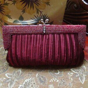Burgundy Beaded and Pleated Satin Clutch Purse